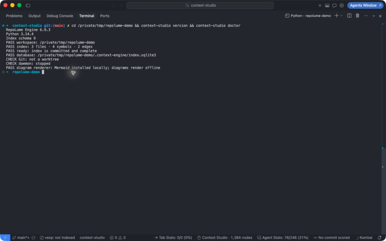 Real RepoLume CLI version and doctor health-check output