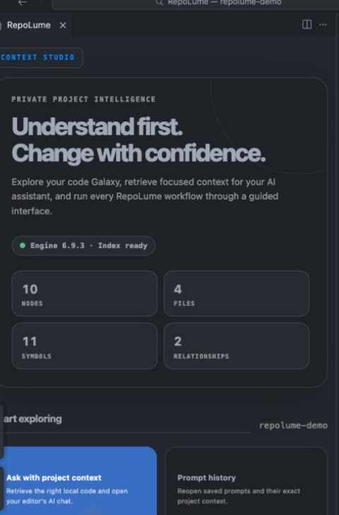 Real RepoLume extension dashboard in Cursor with an indexed workspace
